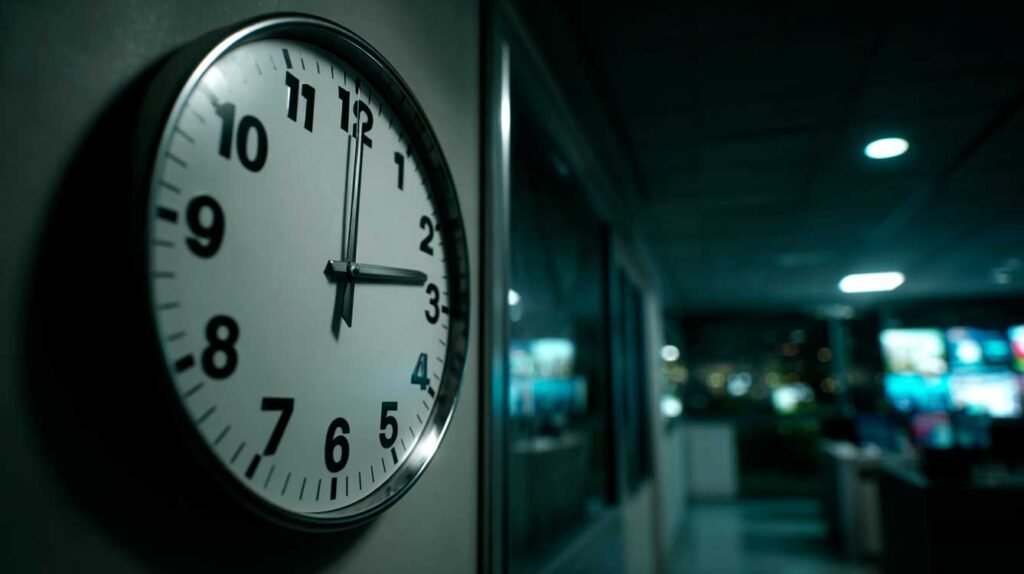 Adicional noturno escala 12 x 36 c&aacute;lculo - Foto de rel&oacute;gio em ambiente de trabalho noturno, representando o c&aacute;lculo de adicional noturno na escala 12x36