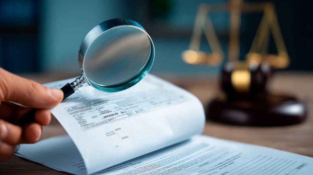 Foto de an&aacute;lise detalhada de holerite com lupa e s&iacute;mbolos de justi&ccedil;a, representando a auditoria de direitos na escala 12x36.
